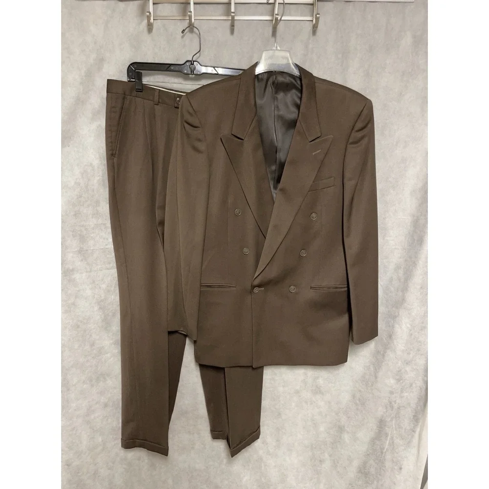 Paulo Solari Suit Men 42L Brown Athletic Fit Double Breasted Wool 34X32 P Luxury